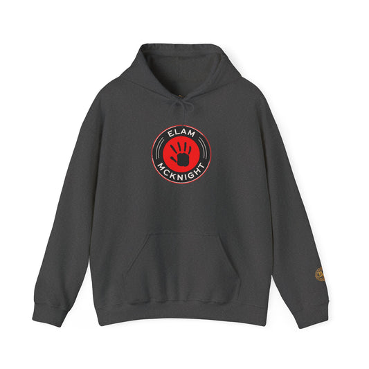 Dark heather Elam McKnight hoodie with red-and-black chest logo and gold sleeve detail.”